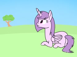 Size: 1024x768 | Tagged: safe, artist:windy breeze, imported from derpibooru, oc, oc only, oc:totum, alicorn, pony, alicorn oc, blank flank, butt, female, gone, grass, horn, lying down, mare, plot, prone, sad, sitting, solo, thoughts, tree, wings