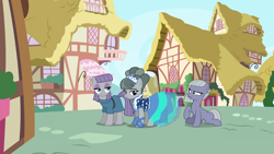 Size: 1920x1080 | Tagged: safe, artist:cencerberon, artist:estories, artist:tomfraggle, edit, editor:jaredking203, imported from derpibooru, vector edit, limestone pie, marble pie, maud pie, earth pony, pony, alternate hairstyle, clothes, dress, female, hairband, lidded eyes, mare, pie sisters, ponyville, siblings, sisters, vector