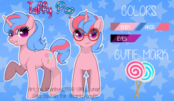 Size: 1500x876 | Tagged: safe, artist:helithusvy, artist:thanhvy15599, imported from derpibooru, oc, oc only, oc:taffy pop, pony, unicorn, blue background, candy, commission, female, food, glasses, glasses off, pink eyes, reference sheet, simple background, solo