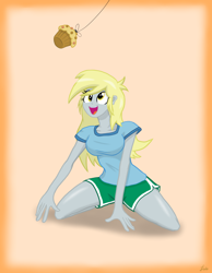 Size: 1284x1653 | Tagged: safe, artist:lennondash, imported from derpibooru, derpy hooves, equestria girls, dangling, female, food, kneeling, looking up, muffin, open mouth, rope, solo