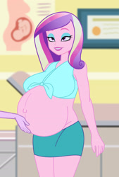 Size: 1857x2753 | Tagged: safe, artist:0024387, artist:09111, imported from derpibooru, princess cadance, equestria girls, and that's how flurry heart was made, bedroom eyes, belly, belly button, belly rubbing, bellyrubs, big belly, big breasts, breasts, dean cadance, disembodied hand, eyelashes, hand, implied twilight sparkle, pregdance, pregnant, smiling, solo, solo focus