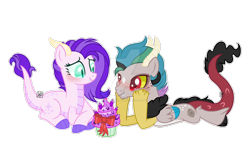 Size: 1280x744 | Tagged: safe, artist:kittypaintyt, imported from derpibooru, oc, oc:calamity, oc:lyla, draconequus, dracony, dragon, hybrid, pony, fallout equestria, blushing, cupcake, deviantart watermark, fangs, female, food, hoof on cheek, interspecies offspring, lying down, male, obtrusive watermark, oc x oc, offspring, offspring shipping, parent:discord, parent:princess celestia, parent:rarity, parent:spike, parents:dislestia, parents:sparity, prone, shipping, simple background, straight, transparent background, vector, watermark