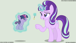 Size: 1920x1080 | Tagged: safe, artist:gamerpen, imported from derpibooru, starlight glimmer, twilight sparkle, alicorn, pony, age regression, baby, baby pony, babylight sparkle, bad end, female, filly, filly twilight sparkle, foal, green background, hypnosis, hypnotized, levitation, magic, mare, pendulum swing, s5 starlight, simple background, swirly eyes, telekinesis, this will end in communism, twilight sparkle (alicorn), younger