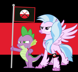 Size: 4875x4497 | Tagged: safe, artist:memnoch, artist:sonofaskywalker, edit, imported from derpibooru, vector edit, silverstream, spike, dragon, hippogriff, female, flag, hammer, male, pink floyd, shipping, spikestream, straight, the wall, vector, waiting for the worms