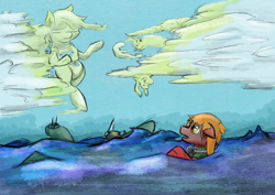 Size: 7016x4961 | Tagged: safe, artist:khaki-cap, imported from derpibooru, oc, oc only, earth pony, pegasus, unicorn, cloud, cloudy, digital art, flying, looking up, ocean, pilot, plane, sad, survivor, wave, wreckage