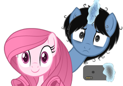 Size: 1179x823 | Tagged: safe, artist:muhammad yunus, artist:tanahgrogot, imported from derpibooru, oc, oc:annisa trihapsari, oc:siti shafiyyah, earth pony, pony, unicorn, base used, black hair, blue body, cellphone, cute, duo, earth pony oc, female, hnnng, horn, mare, messy mane, ocbetes, phone, pink body, pink hair, simple background, smartphone, smiling, time for two, transparent background, unicorn oc, upset, vector