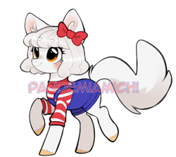 Size: 1162x1038 | Tagged: safe, artist:pandemiamichi, imported from derpibooru, oc, oc only, cat, cat pony, original species, bow, clothes, female, hair bow, hello kitty, hello kitty (character), kitty white, obtrusive watermark, overalls, sanrio, simple background, solo, transparent background, watermark