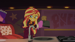 Size: 1334x750 | Tagged: safe, imported from derpibooru, screencap, sunset shimmer, equestria girls, equestria girls series, sunset's backstage pass!, spoiler:eqg series (season 2), bread, food, shocked, toast