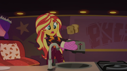 Size: 1334x750 | Tagged: safe, imported from derpibooru, screencap, sunset shimmer, equestria girls, equestria girls series, sunset's backstage pass!, spoiler:eqg series (season 2), bread, food, shocked, toast