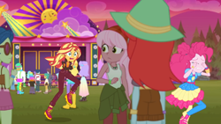 Size: 1334x750 | Tagged: safe, imported from derpibooru, screencap, bulk biceps, curly winds, ginger owlseye, laurel jade, peppermint azure, pinkie pie, raspberry lilac, sandy cerise, snails, snips, snow flower, some blue guy, sunset shimmer, track starr, human, equestria girls, equestria girls series, sunset's backstage pass!, spoiler:eqg series (season 2), crying, eyes closed, female, male, open mouth, running, sad, sleeveless