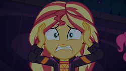 Size: 1334x750 | Tagged: safe, imported from derpibooru, screencap, pinkie pie, sunset shimmer, equestria girls, equestria girls series, sunset's backstage pass!, spoiler:eqg series (season 2), scared