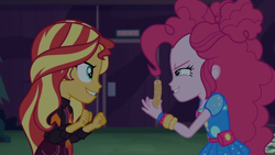 Size: 1334x750 | Tagged: safe, imported from derpibooru, screencap, pinkie pie, sunset shimmer, equestria girls, equestria girls series, sunset's backstage pass!, spoiler:eqg series (season 2), churros, food