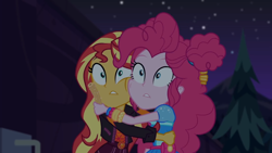 Size: 1334x750 | Tagged: safe, imported from derpibooru, screencap, pinkie pie, sunset shimmer, equestria girls, equestria girls series, sunset's backstage pass!, spoiler:eqg series (season 2), churros, food, hug, scared