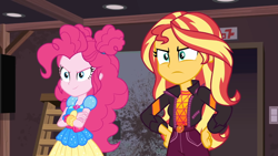 Size: 1334x750 | Tagged: safe, imported from derpibooru, screencap, pinkie pie, sunset shimmer, equestria girls, equestria girls series, sunset's backstage pass!, spoiler:eqg series (season 2), geode of empathy, geode of sugar bombs, magical geodes, music festival outfit