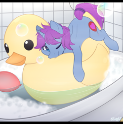 Size: 994x1000 | Tagged: safe, artist:higgly-chan, imported from derpibooru, oc, oc only, oc:mobian, pony, unicorn, balloon, bath, cute, rubber duck, solo