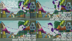 Size: 2000x1125 | Tagged: safe, edit, edited screencap, editor:quoterific, imported from derpibooru, screencap, lucky breaks, neigh sayer, pegasus olsen, peggy holstein, rarity, season 6, the gift of the maud pie, behaving like pinkie pie, camera, manehattan, market, meme, rariball