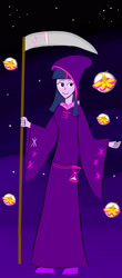 Size: 1280x2899 | Tagged: safe, artist:horsesplease, imported from derpibooru, twilight sparkle, equestria girls, clothes, grim reaper, hourglass, robes, rosy maple moth, scythe, smiling, solo, stars