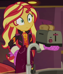 Size: 724x849 | Tagged: safe, imported from derpibooru, screencap, sunset shimmer, equestria girls, equestria girls series, sunset's backstage pass!, spoiler:eqg series (season 2), bread, clothes, cropped, food, geode of empathy, magical geodes, music festival outfit, solo, toast, toaster