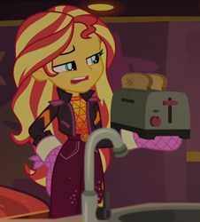 Size: 534x592 | Tagged: safe, imported from derpibooru, screencap, sunset shimmer, equestria girls, equestria girls series, sunset's backstage pass!, spoiler:eqg series (season 2), bread, clothes, cropped, food, geode of empathy, magical geodes, music festival outfit, solo, toast, toaster
