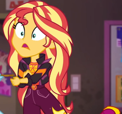 Size: 548x508 | Tagged: safe, imported from derpibooru, screencap, sunset shimmer, equestria girls, equestria girls series, sunset's backstage pass!, spoiler:eqg series (season 2), cropped, d:, female, geode of empathy, magical geodes, music festival outfit, open mouth, shrunken pupils, solo