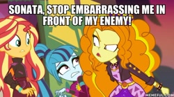 Size: 600x337 | Tagged: safe, edit, edited screencap, imported from derpibooru, screencap, adagio dazzle, sonata dusk, sunset shimmer, equestria girls, equestria girls series, sunset's backstage pass!, spoiler:eqg series (season 2), caption, geode of empathy, image macro, impact font, magical geodes, memeful.com, music festival outfit, shrunken pupils, taco dress, text