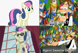 Size: 960x648 | Tagged: artist needed, safe, edit, edited screencap, imported from derpibooru, screencap, bon bon, sweetie drops, earth pony, human, pony, slice of life (episode), agent, crossover, discovery family logo, heinz doofenshmirtz, phineas and ferb, secret agent sweetie drops, shocked