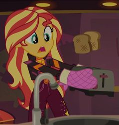 Size: 565x592 | Tagged: safe, imported from derpibooru, screencap, sunset shimmer, equestria girls, equestria girls series, sunset's backstage pass!, spoiler:eqg series (season 2), bread, cropped, food, geode of empathy, magical geodes, mittens, music festival outfit, solo, toast, toaster
