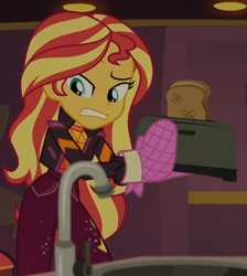 Size: 518x579 | Tagged: safe, imported from derpibooru, screencap, sunset shimmer, equestria girls, equestria girls series, sunset's backstage pass!, spoiler:eqg series (season 2), bread, cropped, food, solo, toast, toaster