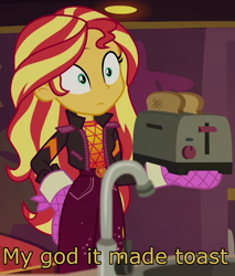 Size: 724x849 | Tagged: safe, edit, edited screencap, imported from derpibooru, screencap, sunset shimmer, equestria girls, equestria girls series, sunset's backstage pass!, spoiler:eqg series (season 2), bread, caption, clothes, cropped, food, geode of empathy, image macro, magical geodes, solo, text, toast, toaster
