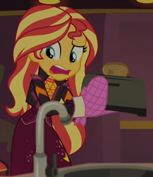 Size: 496x571 | Tagged: safe, imported from derpibooru, screencap, sunset shimmer, equestria girls, equestria girls series, sunset's backstage pass!, spoiler:eqg series (season 2), bread, cropped, food, solo, toast, toaster