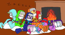 Size: 2304x1239 | Tagged: safe, artist:bugssonicx, imported from derpibooru, applejack, fluttershy, pinkie pie, rainbow dash, rarity, sci-twi, sunset shimmer, twilight sparkle, equestria girls, bondage, cloth gag, clothes, eyes closed, fireplace, footed sleeper, footie pajamas, gag, humane five, humane seven, humane six, onesie, onomatopoeia, otn gag, over the nose gag, pajamas, rainbond dash, scarf, sleeping, sound effects, tied up, winter outfit, zzz