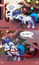 Size: 1800x3000 | Tagged: safe, artist:28gooddays, imported from derpibooru, oc, oc only, oc:shifting gear, human, pony, unicorn, animal costume, antlers, bells, camera shot, christmas, christmas tree, clothes, commission, costume, gilligan cut, holiday, male, reindeer antlers, reindeer costume, santa claus, sleigh, socks, striped socks, tree, unamused, ych result