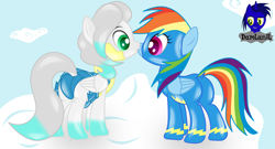 Size: 7680x4154 | Tagged: safe, artist:damlanil, imported from derpibooru, rainbow dash, oc, oc:cold front, latex pony, original species, pegasus, pony, butt, cameltoe, canon x oc, clothes, cloud, commission, crossdressing, dock, female, kissing, latex, latex suit, male, mare, plot, rainbutt dash, rubber, shiny, shiny mane, shipping, show accurate, skirt, stallion, straight, suit, uniform, vector, wings, wonderbolts, wonderbolts uniform