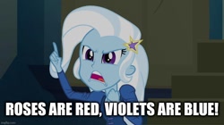 Size: 896x500 | Tagged: safe, edit, edited screencap, imported from derpibooru, screencap, trixie, equestria girls, rainbow rocks, caption, female, image macro, meme, solo, text, trixie yells at everything