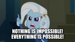 Size: 896x500 | Tagged: safe, edit, edited screencap, imported from derpibooru, screencap, trixie, equestria girls, rainbow rocks, caption, female, image macro, meme, phineas and ferb, solo, text, trixie yells at everything