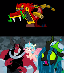Size: 888x1000 | Tagged: safe, edit, edited screencap, imported from derpibooru, screencap, cozy glow, lord tirek, queen chrysalis, the ending of the end, homestar runner, mecha-trogador, spoilers for another series, stinkoman 20x6, this will end in burnination