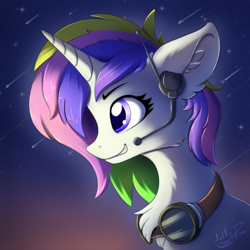 Size: 1000x1000 | Tagged: safe, artist:wolfypon, imported from derpibooru, oc, oc only, pony, unicorn, chest fluff, ear fluff, female, goggles, horn, mare, profile, smiling, solo, space