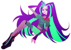 Size: 2893x2032 | Tagged: safe, artist:mywasasi, imported from derpibooru, aria blaze, siren, equestria girls, boots, clothes, disguise, disguised siren, evening gloves, eyeshadow, fingerless elbow gloves, fingerless gloves, fishnets, gloves, lipstick, long gloves, long hair, makeup, midriff, shirt, shoes, simple background, solo, t-shirt, transparent background