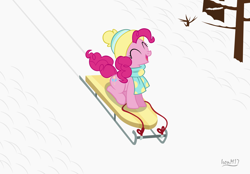 Size: 4478x3118 | Tagged: safe, artist:ironm17, imported from derpibooru, pinkie pie, earth pony, pony, clothes, female, hat, mare, scarf, sled, sledding, snow, solo