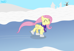 Size: 4478x3118 | Tagged: safe, artist:ironm17, imported from derpibooru, fluttershy, pegasus, pony, clothes, eyes closed, female, ice, ice skates, ice skating, mare, scarf, snow, solo, winter