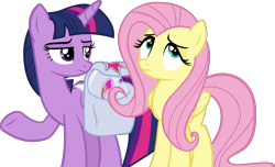 Size: 4774x2899 | Tagged: safe, artist:ironm17, imported from derpibooru, fluttershy, twilight sparkle, alicorn, pegasus, pony, growing up is hard to do, annoyed, bag, duo, female, mare, saddle bag, simple background, transparent background, twilight sparkle (alicorn), vector