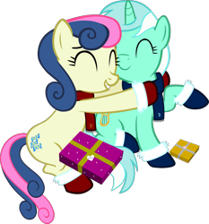 Size: 3761x4029 | Tagged: safe, artist:ironm17, imported from derpibooru, bon bon, lyra heartstrings, sweetie drops, earth pony, pony, unicorn, trade ya, clothes, duo, duo female, eyes closed, female, gritted teeth, hug, lesbian, lyrabon, mittens, present, scarf, shipping, simple background, transparent background, vector