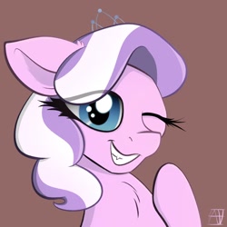Size: 1428x1428 | Tagged: safe, artist:naen, imported from derpibooru, diamond tiara, earth pony, pony, cute, diamondbetes, female, filly, one eye closed, simple background, solo, wink