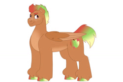 Size: 1280x854 | Tagged: safe, artist:itstechtock, imported from derpibooru, oc, oc only, oc:pazazz apple, hybrid, pegasus, pony, interspecies offspring, magical lesbian spawn, male, offspring, parent:applejack, parent:autumn blaze, parents:autumnjack, simple background, solo, stallion, two toned wings, white background, wings