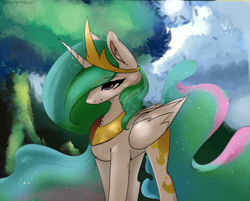 Size: 3300x2655 | Tagged: safe, artist:therealf1rebird, imported from derpibooru, princess celestia, alicorn, pony, ear fluff, female, horn, mare, sky, solo, tree, wings