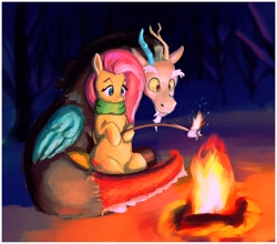 Size: 1520x1340 | Tagged: safe, artist:dummyhorse, artist:phutashi, imported from derpibooru, discord, fluttershy, draconequus, pegasus, pony, campfire, clothes, cute, duo, female, fire, folded wings, food, friendship, hoof hold, hooves to the chest, looking at something, male, mare, marshmallow, outdoors, scarf, sitting, smiling, stick, tree, wings
