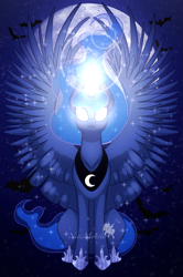 Size: 1631x2451 | Tagged: safe, artist:nivimonster, imported from derpibooru, princess luna, pony, glowing eyes, magic, solo, spread wings, wings