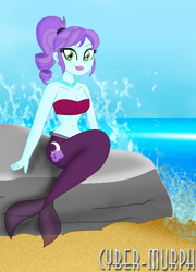Size: 1288x1788 | Tagged: safe, artist:cyber-murph, imported from derpibooru, crystal lullaby, mermaid, series:cyber-murph's mermaids, equestria girls, friendship games, background human, belly, belly button, bra, clothes, crystal prep shadowbolts, cute, midriff, ponytail, rock, scales, sitting, tubetop, underwear