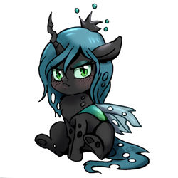 Size: 708x708 | Tagged: safe, artist:tokokami, imported from derpibooru, queen chrysalis, changeling, changeling queen, chest fluff, chibi, crown, cute, cutealis, ear fluff, female, fluffy changeling, jewelry, looking at you, pouting, regalia, simple background, sitting, solo, transparent background