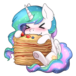 Size: 826x826 | Tagged: safe, artist:tokokami, imported from derpibooru, princess celestia, alicorn, pony, ><, blueberry, blushing, chibi, cute, cute little fangs, cutelestia, ear fluff, eating, eyes closed, fangs, female, food, herbivore, mare, pancakes, simple background, sitting, solo, strawberry, transparent background